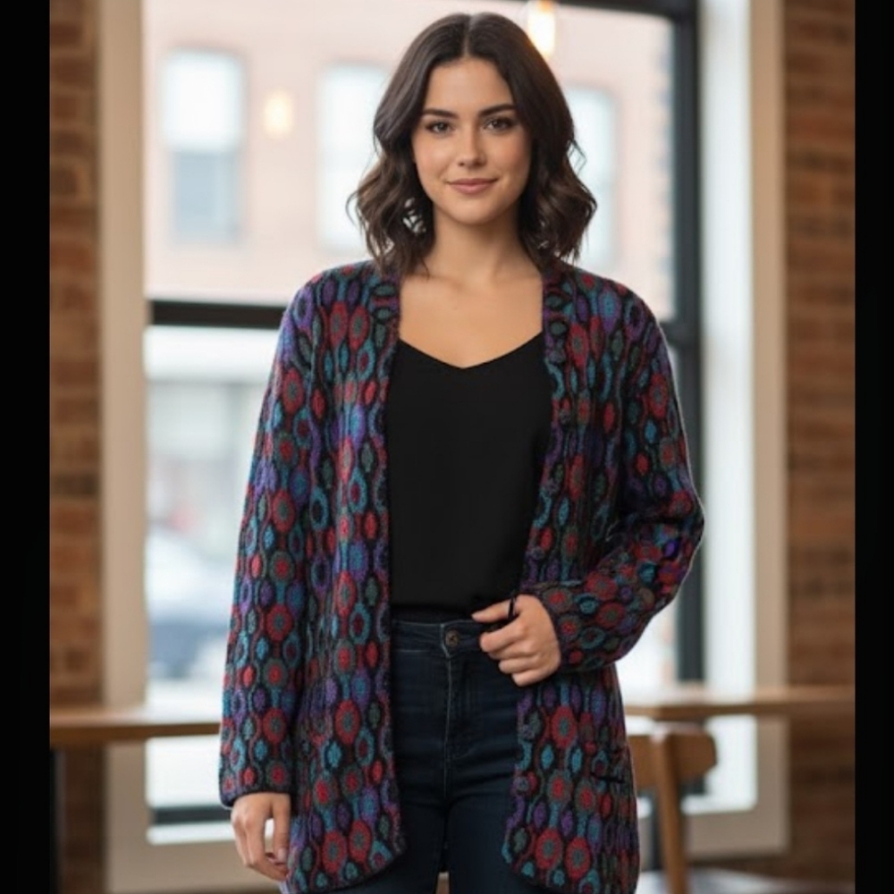1980s Vintage French Rags Geometric Print‎ Cardigan Size 2